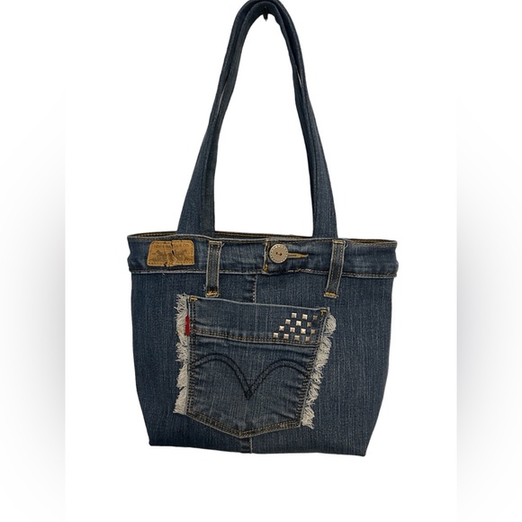 Handmade denim with pockets shoulder bag tote upcycle jeans - Picture 1 of 9